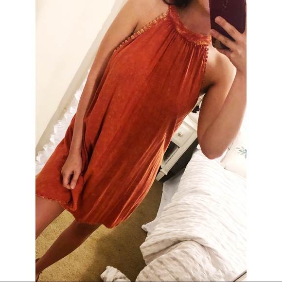 Dresses & Skirts - Red Orange Halter Scalloped Trim Shift Dress